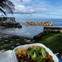 Turnpike, rice and peas, veggie chunks curry, salad, and red pea stew  at Reflections Natural Rastarant in Ocho Rios