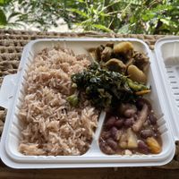 Rice stew callaloo veg chunks curry  at Reflections Natural Rastarant in Ocho Rios