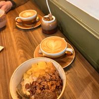 Choc orange porridge with oat latte  at Morridge in Birmingham