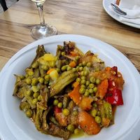 Asked a mix of stewed veggies and okra with a spoon of veggie soup on top. Yum! at Kastrati in Tirana
