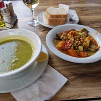 Vegan broccoli soup and veggies at Kastrati in Tirana