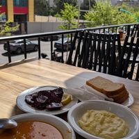 Beans, smashed potato and beetroot salad at Kastrati in Tirana
