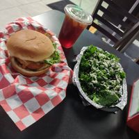 Buffalo Chicken Burger, meal combo w/ mini kale salad, & sweet tea at Romeo's in Asheville