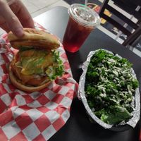 Buffalo Chicken Burger, meal combo w/ mini kale salad, & sweet tea at Romeo's in Asheville