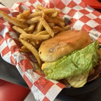 The Mac Burger with fries   at Romeo's in Asheville
