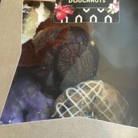 Assorted box of donuts, sadly got smooshed going home at Fawkes Coffee Shop in Edmonton