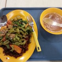PPC basement: rice,  mock-meat, veggies at Kwan Inn Vegetarian 观音斋 - Chinatown in Central Singapore