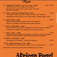 vegan menu  at African Pearl in Frankfurt