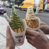 vegan matcha & tayaki with brown sugar syrup and rainbow mochi 🌈 ((non-vegan boyfriend is on the right))  at Taiyaki in Chicago