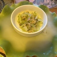 Tofu and cucumbers with elaborate dry ice presentationn at Loujiashan Museum in Shanghai