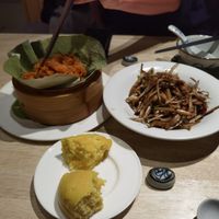Mushroom with mint, mocked meat with lotus leaves powder and corn bread. at Juezhengjing Vegetarian Restaurant - Minsheng Street Store - 觉正净素食 民生街店 in Kunming