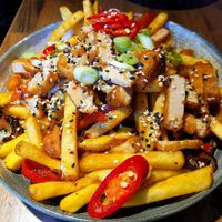Sweet Chilli Quorn Dippers Loaded Fries. at Y Bryncynan in Pwllheli