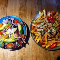 Side Salad and Sweet Chilli Quorn Dippers Loaded Fries. at Y Bryncynan in Pwllheli