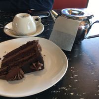 vegan double chocolate cake and pot of chai tea. So yummy!  at Flying Star - Central Ave SE in Albuquerque