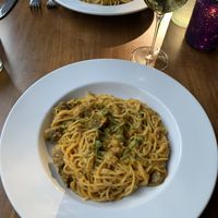 Homemade spaghetti pasta, sungold tomato sauce, roasted eggplant, & fennel   at Wish Tree in North Adams
