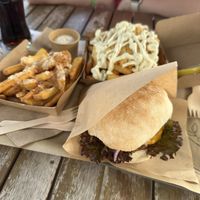 Burger, garlic fries and fish and chips with a ton of saucee  at Liners Food in Hannover