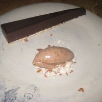 Salted chocolate tart with peanut butter sorbet (vegan) at Oak in Bath