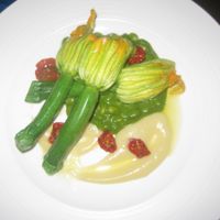 Stuffed courgette flowers (vegetarian) at Oak in Bath