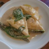 Smoked potato and pine nut ravioli with asparagus and wild garlic at Oak in Bath