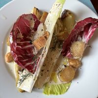 Chicory, smoked almond butter, pickled rhubarb, fried almonds  at Oak in Bath