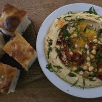 Hummus, Harissa and Chickpeas and homemade bread at Oak in Bath