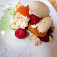 ROAST PEACHES
with an almond sorbet, raspberries, tarragon syrup and almond biscotti
 at Oak in Bath