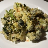 Sprouting broccoli fritti, almond & fenugreek sauce  at Oak in Bath