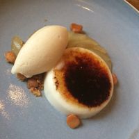 Tonka Bean Poached Pear with macadamia nut brulee & pear & pernod
sorbet (GF) at Oak in Bath