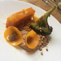 Butternut Squash Terrine with pine nut risotto, charred broccoli & pickled
squash (GF) at Oak in Bath