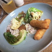 One Whole Cauliflower broken down & cooked in various ways: roasted
florets, truffled puree, molasses pickled core & sautéed leaf, all served with
almond milk croquetta infused with fenugreek & onion, spelt grain in a smoked
almond emulsion & a tarragon oil (N) at Oak in Bath