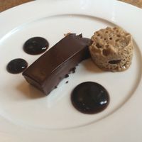 Chocolate & Coffee light espresso parfait with a bar of chocolate ganache,
cold brew & rapadura gel & a pink peppercorn crumb (GF/N)

(Friend had already tucked into some of the parfait before I remembered to take a photo?) at Oak in Bath