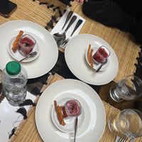 Beetroot amuse Bouche. A cold pressed beetroot soup with other ingredients, really delicious  at Riad Al Bahi in Rabat