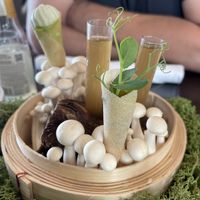 Kombucha van paddestoelen met een wrapje met doperwtenpuree als aperitiefje   at Intens in Voorst Gem Voorst