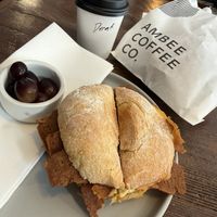 Vegan breakfast sandwich (and a peanut butter cookie  and apple fritter for later!)  at Ambee Coffee Co in Warren