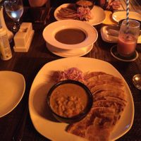 Cumin Lentils soup and chickpeas curry with naan at Breeze Garden in Praslin