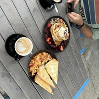 Tofu scramble with medium chili, pancake stack (with banana AND berries is the ‘David Special’) almond latte and soy latte.   at All Heart Cafe in Reservoir