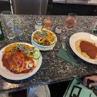 Vegan calzone, mixed salad and spaghetti napolitana at Mama's & Leonies in Sheffield
