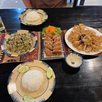 Grilled vegan beef with mac mat leaf, vegan ribs with sweat and sour sauce, fried mushrooms (from left to right) at Ha Giang Vegetarian Restaurant in Ha Giang