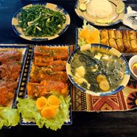 Seaweed cakes (really plant based, we asked), veggies, stuffed tofu, seaweed soup and fried spring roll at Ha Giang Vegetarian Restaurant in Ha Giang