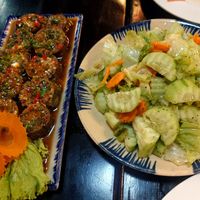 Stuffed eggplant and vegan salad at Ha Giang Vegetarian Restaurant in Ha Giang