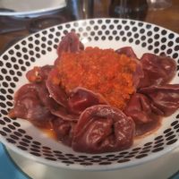 Vegan ravioli with tomato sauce at El Living in Puerto Natales