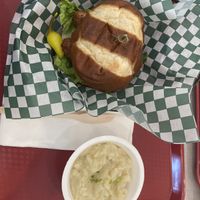 Spicy chicken sandwich and side of garlic mashed potatoess  at Othello's in Woodland Hills