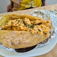 Baked potato with eggplant salad at Taverna Glyfada in Naxos