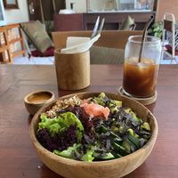 Sushi bowl and (half drunken) orange fizzy coffeee  at My First Cup in Gianyar