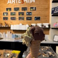 Cone "grande" (3rd biggest, out of 4 sizes) - I chose dark chocolate and pistachio at ArteSana Gelat in Valencia