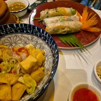 Braised pineapple and spring rolls at Magnolia Veggie Restaurant in Phnom Penh