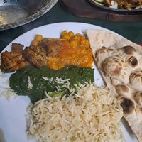 Channa masala, saag aloo, roti, rice, mock duck at Fern's Curry Sushi & Indo Chinese Wok in 