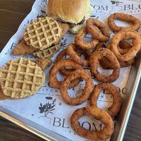 Sliders (chick'n & waffle, meatball) with onion rings at Bloom Kitchen & Co in Oxford