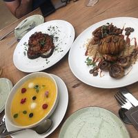 Sopa melon y mango, patata con heura y moussaka vegana at La Capella in Sabadell