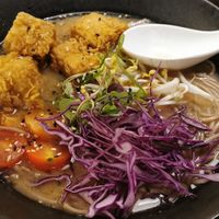 Karaage tofu & miso - buckwheat noodles, karaage tofu, seasonal vegetables (red cabbage, cherry tomatoes, bean sprouts, microgreens), miso & daikon broth at Izakai Bar & Eatery in Mount Maunganui